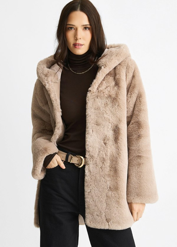 Gini London Mink Hooded Long Sleeve Faux Fur Jacket