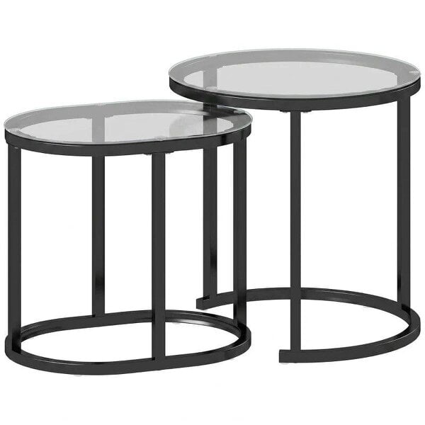 Nest of Tables with Steel Frame and Tempered Glass Tabletop, Modern Coffee Table Set of 2, Black
