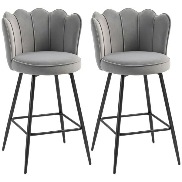 Set of two grey velvet-feel bar stools with curved backs, round seats, and black legs