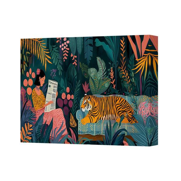 Benjamin Tate Design Tropical Jungle Tiger And Woman Reading Canvas Wall Art Print