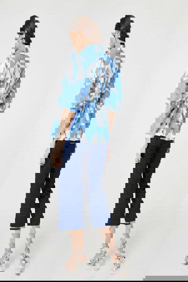 Blue | Abstract Puff Sleeve Tie Waist Blouse
