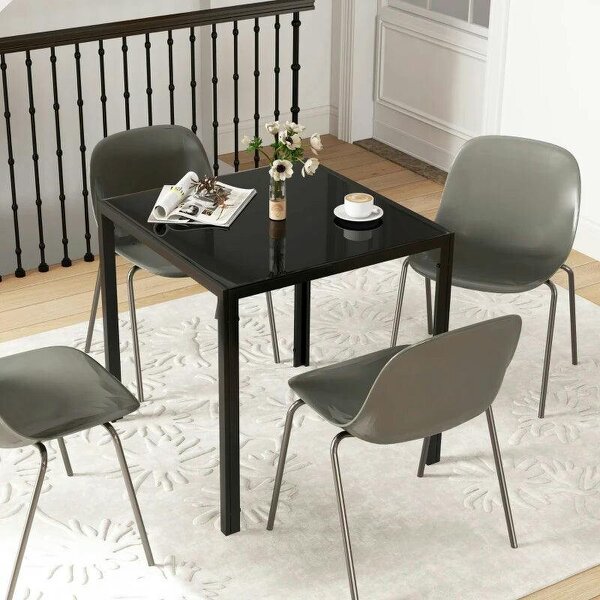 Modern Square Dining Table for 2-4 People, with Glass Top & Metal Legs, Black