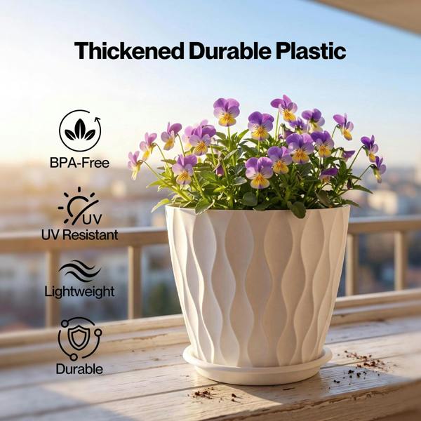 TOQUE Plant Pots 5Pc 8 Inch Plant Pots Indoor Drainage PP Plastic White