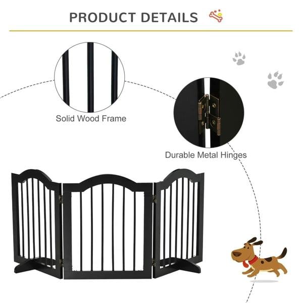 Black pet gate featuring solid wood frame and durable metal hinges, front view