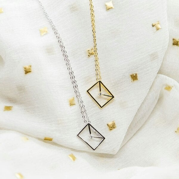 The Colourful Aura 925 Silver Square Dainty Envelope Charm Letter Slim Unique Pendant Necklace