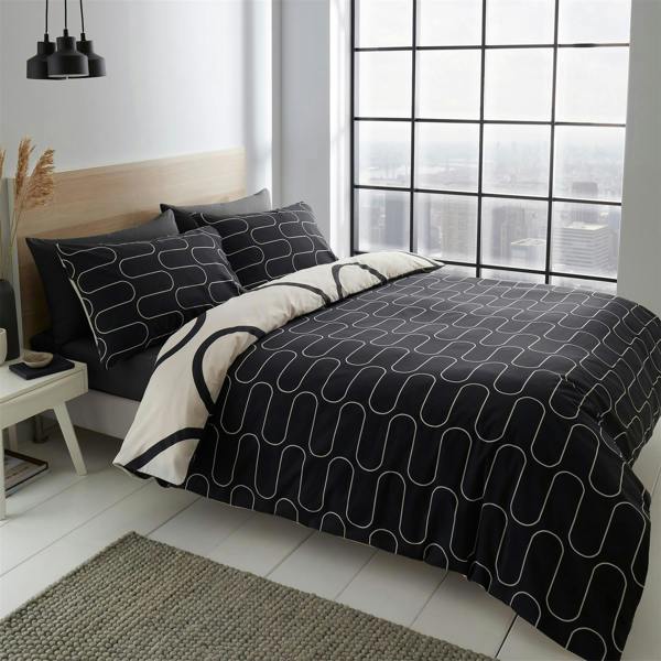 Linear Curve Geometric Black Duvet Cover Set