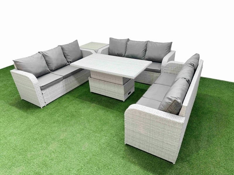Fimous 9 Seater Light Grey PE Rattan Outdoor Lounge Set - Adjustable Lifting Dining/Coffee Table, 3-Seater Sofa & Side Table