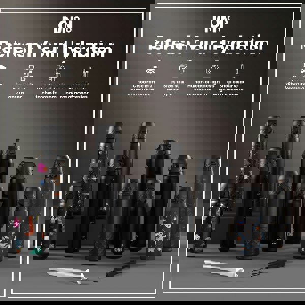 Several ION8 water bottles, in various sizes and designs, are displayed on a grey surface. They are shown alongside a straw and strap. The background features promotional text: "Refresh Your Hydration," along with details about material choices, sizing, designs, and accessories.