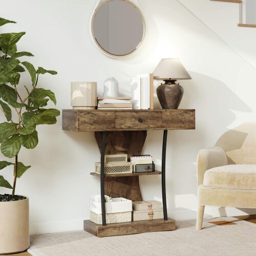Wyld Haus Rasana Metal And Wooden Rustic Brown 3 Tier Console Table With Drawer And Shelves