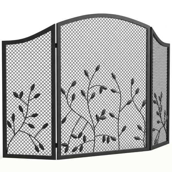 Floral 3-Panel Folding Fireplace Screen for Hearth Protection, Heat-Resistant Metal Fire Spark Guard, Black