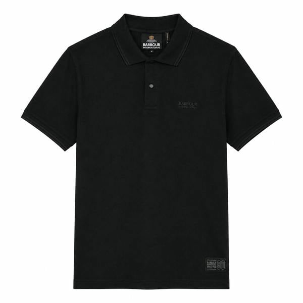 Black Barbour International 90th Anniversary polo shirt with a button placket, tonal chest logo, and hem patch.