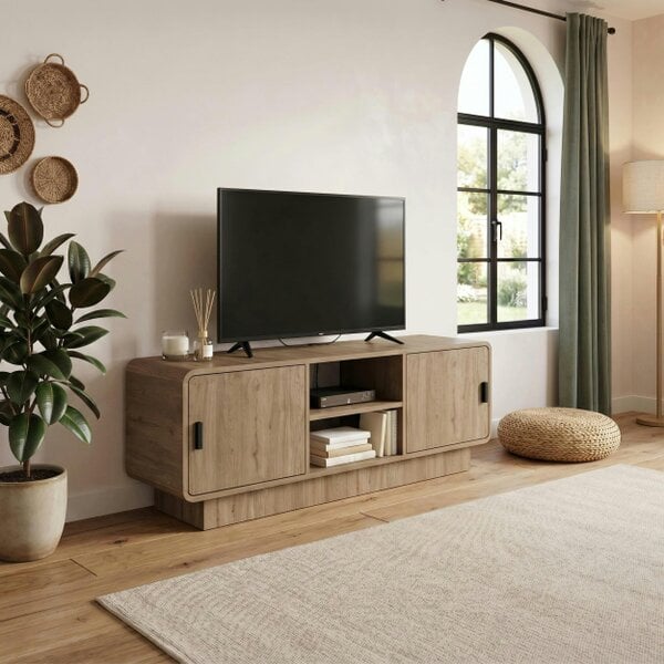 Decortie Rovel Round Edge TV Unit with Soft Close Doors and Open Shelves, Natural Oak