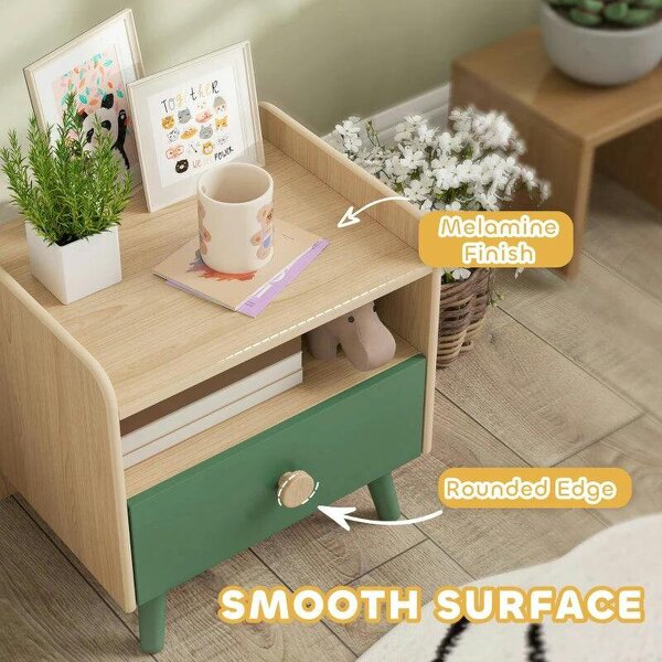 Kids Bedside Table with Drawer and Open Storage Shelf, Wooden Nightstand for Bedroom, Bedside Cabinet, Green