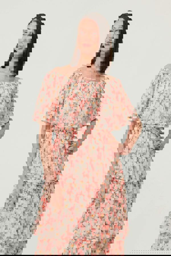 Pink | Floral Texture Tiered Midi Dress