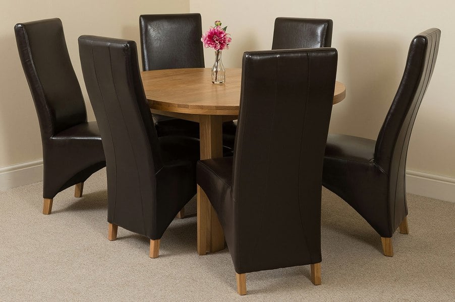 That's Furniture Edmonton Round Extendable Oak Dining Set with Lola Leather Chairs