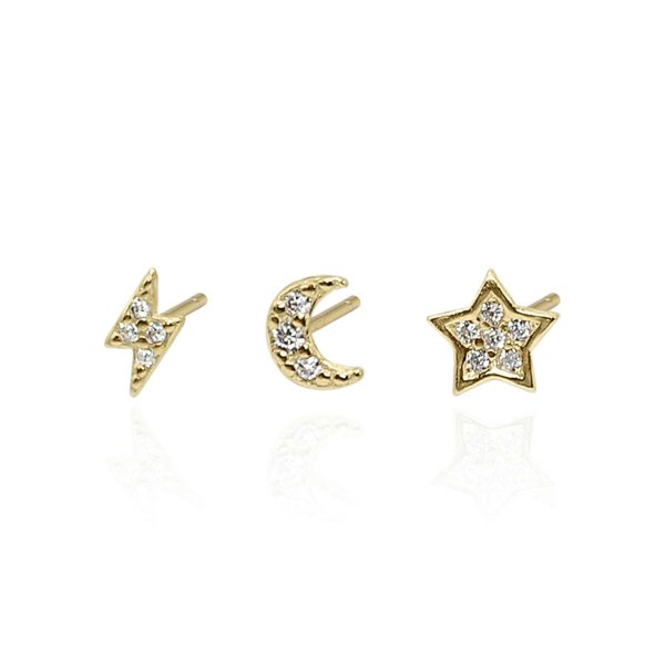 Luna Charles Miku Lightning, Moon & Star Stud Earrings Set - 18K Gold Plated