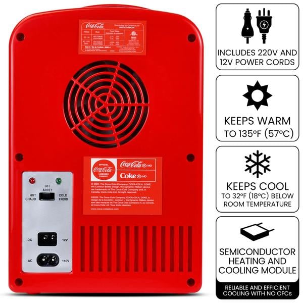 Coca-Cola 4L Mini Fridge 6 Can Portable Cooler & Warmer for Bedroom, Car & Skincare (12V, PB Red)