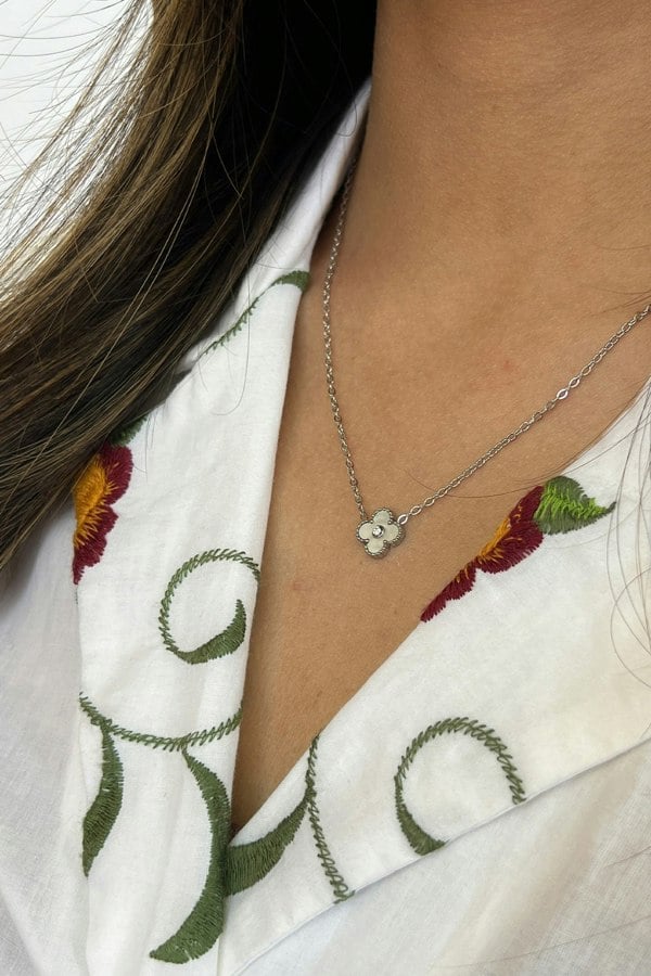 SVNX Mini Clover Necklace in Silver Colour White with Gift Box