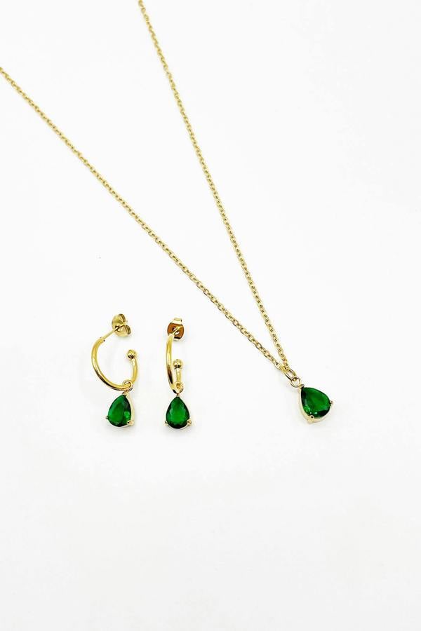 SVNX Rhinestone Teardrop Necklace & Earrings Set in Green - Gift Boxed