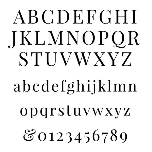 A typography reference style sheet displaying a traditional, elegant serif Roman font layout featuring uppercase and lowercase characters, an ornamental ampersand symbol, and numbers zero through nine.