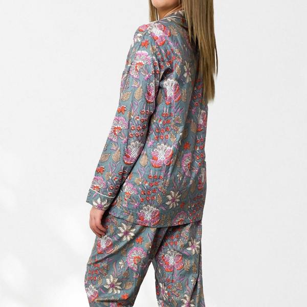 Hayley & Co Block Print Floral 100% Cotton Long Pyjama Set in Grey and Pink