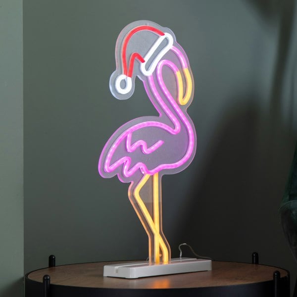Samuel Alexander 43cm Light up Neon Effect Flamingo with Santa Hat on Base with Multi-Coloured LEDs