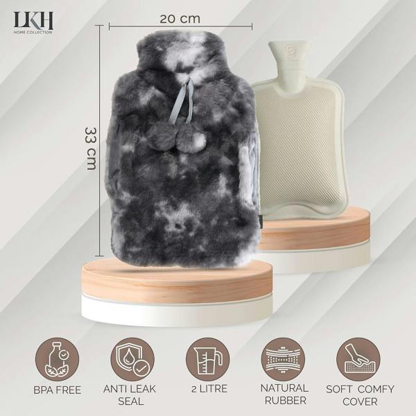 LKH HOME COLLECTION Hot Water Bottle with Cover UK 2L With Faux Fur & Pockets for Period Pain Relief Leak Resistant BPA Free Hot Bottle