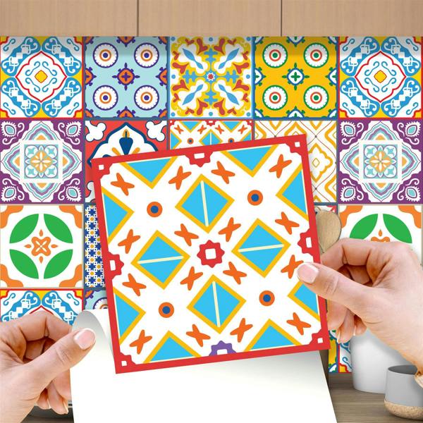 WALPLUS WT1536 - Classic Mediterranean Colourful Mixed Tiles Wall Stickers Set 2 - 15 x 15 cm (6 x 6 inches) - 24 pcs.