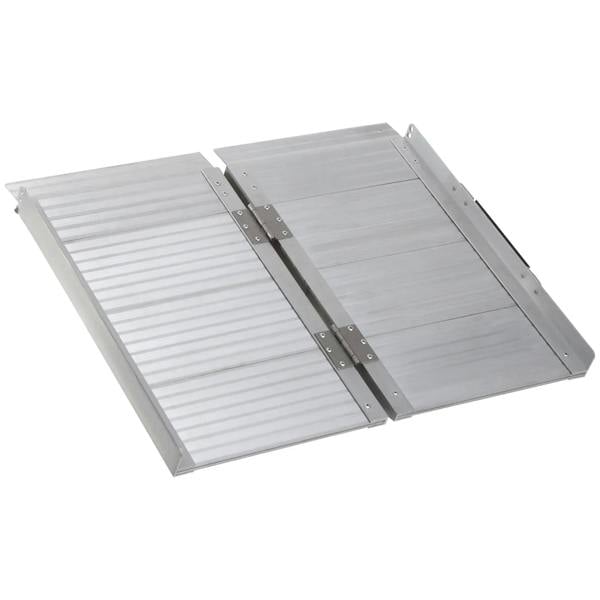 Folding aluminum wheelchair ramp with ribbed surface and center hinge, silver