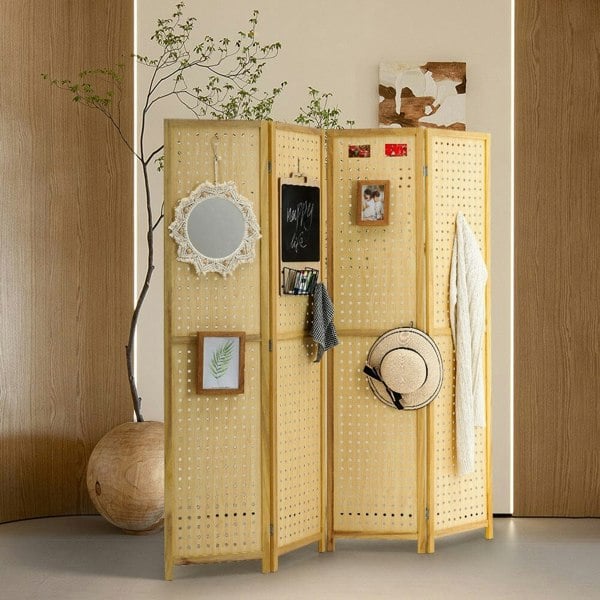 Natural Wood Round-Hole Screen with Four Panels in Paulownia Wood Living and Home