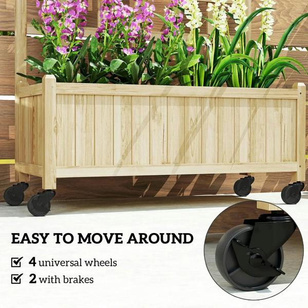 Wooden raised planter bed with casters and flowers along the top edge.