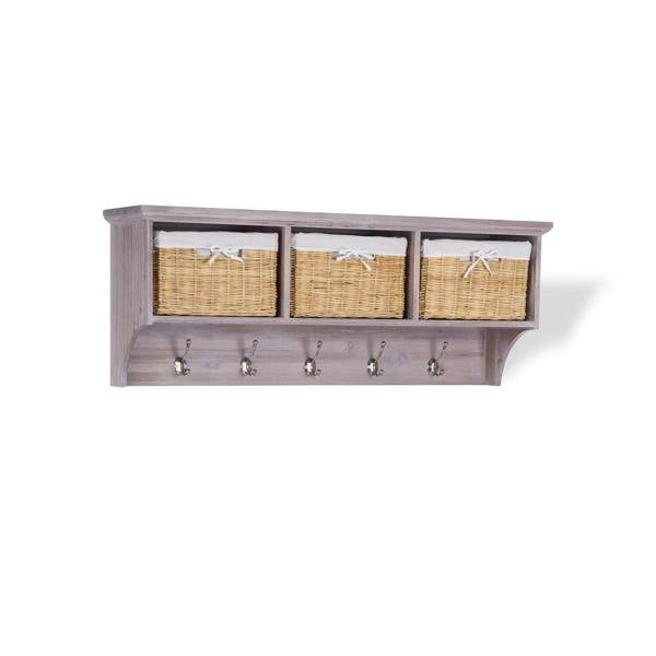 Statement Furniture Tetbury Acacia Wood Hanging Shelf with Coat Hooks and Storage Baskets
