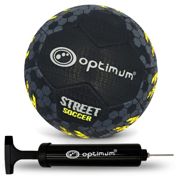 Street Football – Yellow with hand pump, tyre-grip all-surface match & training ball, Sizes 3–5 - Optimum
