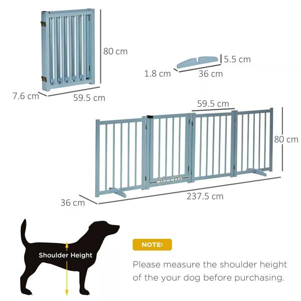 Blue four-panel foldable dog gate barrier, side view with vertical bars