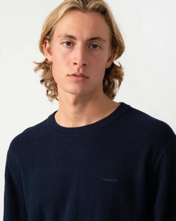 GANT Mens Herringbone Textured Crew Neck Sweater - 433 Evening Blue