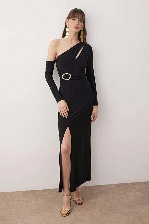 WOVCOR Knit Maxi Evening Dress with Cut Out and Accessory Details