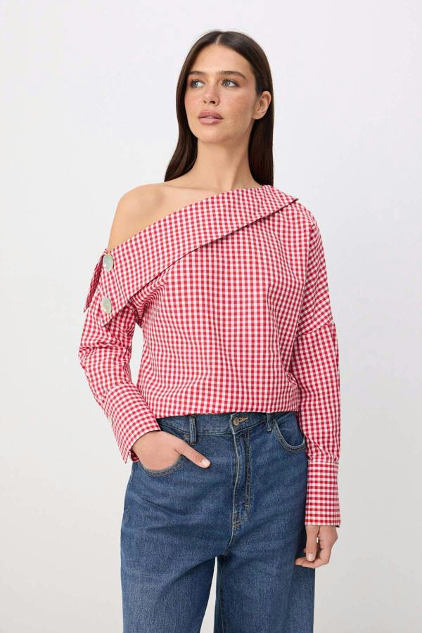 WOVCOR Asymmetric Neck Long Sleeve Woven Blouse - Red