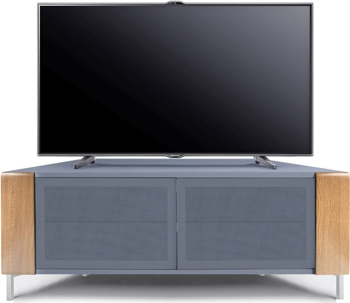 MDA Designs CORVUS Corner-Friendly Grey BeamThru Glass Doors with Oak Profiles Contemporary Cabinet for Flat Screen TVs up to 50"