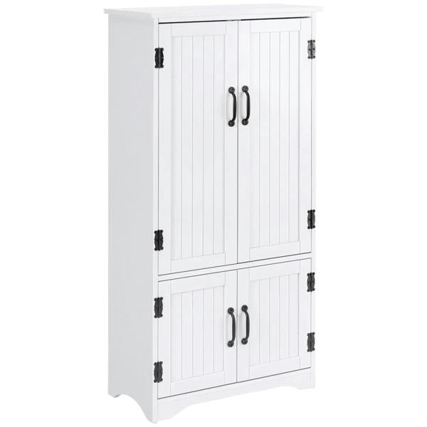 White floor storage cabinet with two upper doors, black handles, and two lower doors