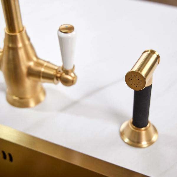 Flode Halden | Dual Lever Kitchen Sink Mixer Tap and Rinser with Swivel Spout | Brushed Brass Finish