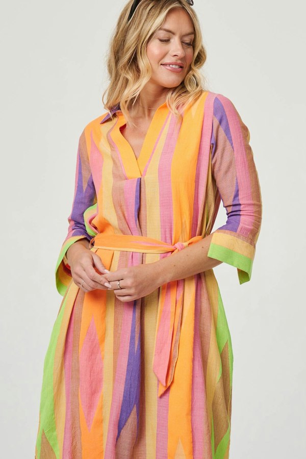 Green | Striped Knee Length Tie Waist Dress
