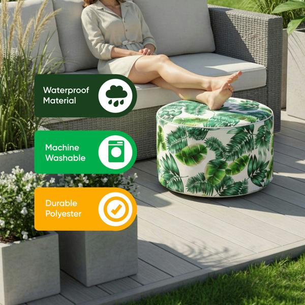 Gardenwize Outdoor Pouf Ottoman – Botanical Green Palm Inflatable Footstool