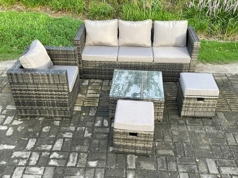 Fimous 5 PCS Outdoor Lounge Sofa Set Wicker PE Rattan Garden Furniture Set with Armchair Square Coffee Table 2 Small Footstools Dark Grey Mixed