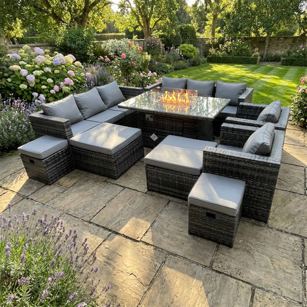 Fimous 12 Seater Rattan Garden Furniture set with Fire Pit Dining Table, 2 Sofas, 2 Chairs, 4 Footstools - Dark Grey