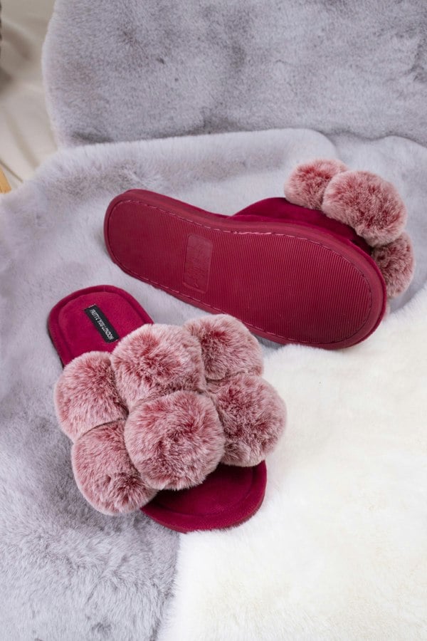 Dolly women's slider slippers in red with oversized faux fur pom poms from Pretty You London