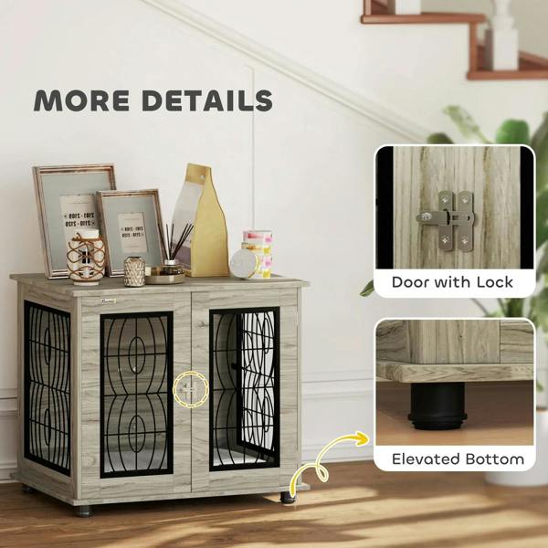 Gray dog crate end table featuring lockable door and raised bottom storage space.