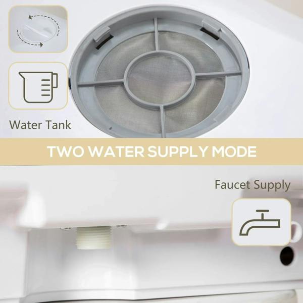 White dishwasher water tank area with faucet supply indicator illustration