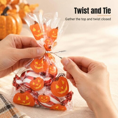 Shatchi 13x30cm Pumpkin Cello Gift Bags with Twist Ties, Pack of 20 for Halloween Treats