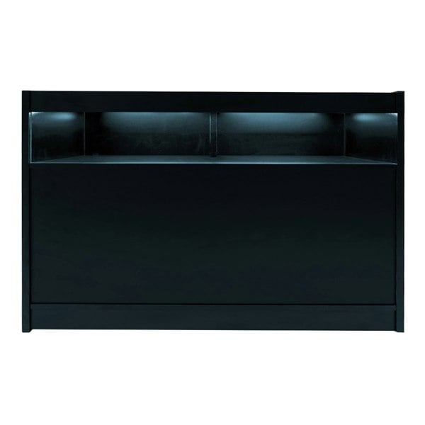 Sleek black Theseus LED shop counter set with illuminated shelves, featuring a smooth finish and modern design for retail spaces