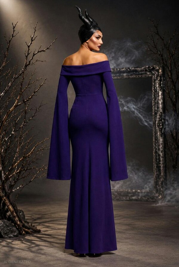Goddiva Long Cape Sleeve Maxi Maleficent-Inspired Halloween Costume - Deep Purple by Goddiva